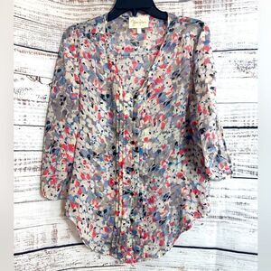 Yumi Kim Silk Top Womens Sz S chiffon Roll tab Sleeve pleated Sheer Blouse